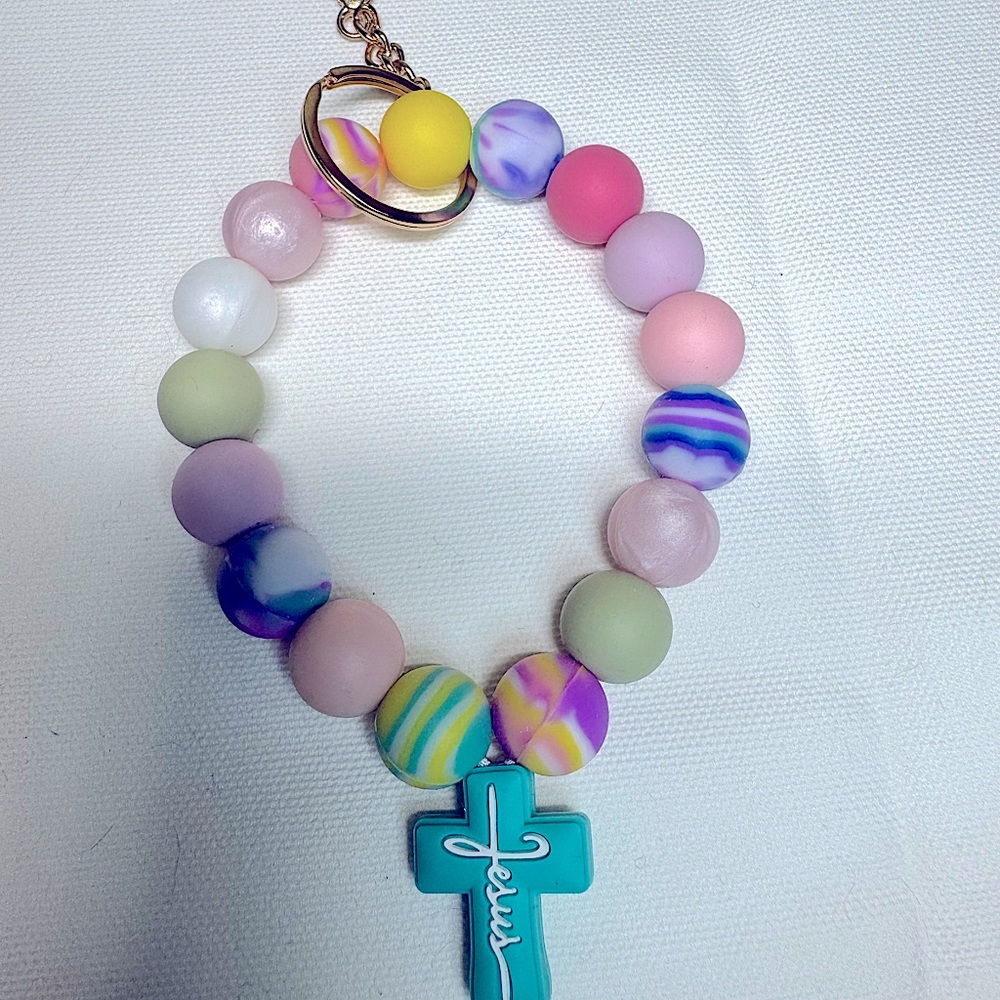 Colorful Beaded Keychain braceletwith Cross Charm